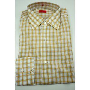 Isaia Gold White Gray Plaid Long Sleeve Cotton Dress Shirt 15.5/39 NEW